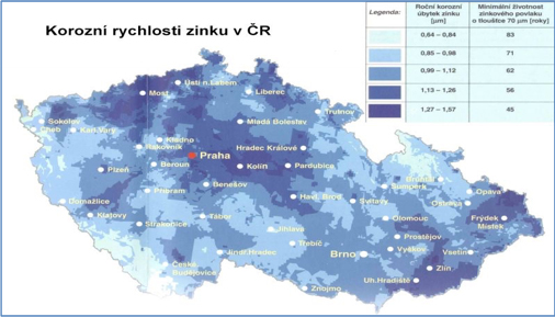 Mapa rychlosti koroze zinku v ČR vydaná Asociací českých a slovenských zinkoven